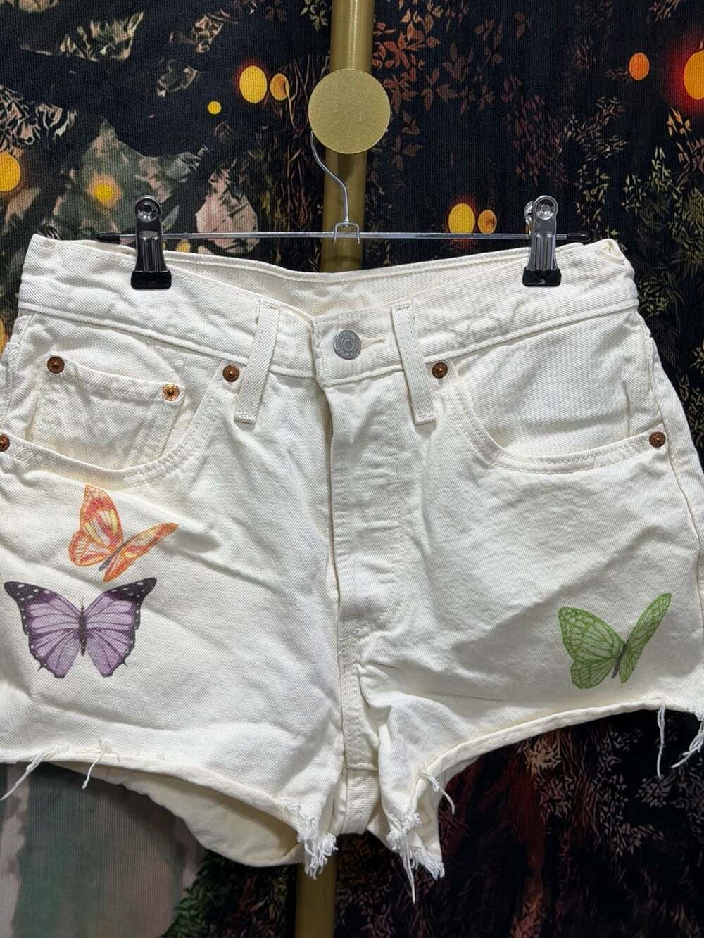 Levi's 501 Shorts White Butterfly Print Denim Cut-offs small waist26